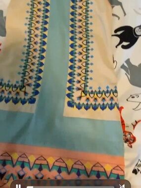 Women’s Midi Dress in Light Blue and Cream with Geometric Border